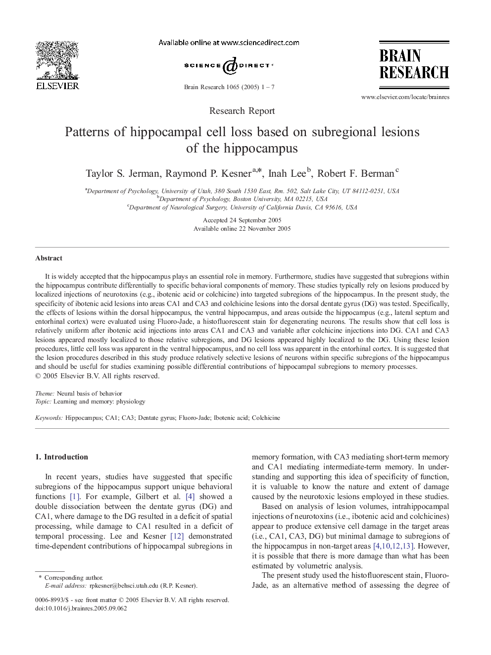 Patterns of hippocampal cell loss based on subregional lesions of the hippocampus