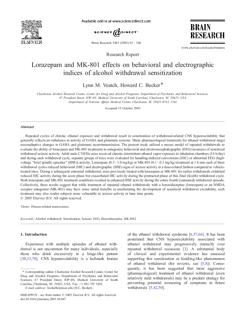 Lorazepam and MK-801 effects on behavioral and electrographic indices of alcohol withdrawal sensitization