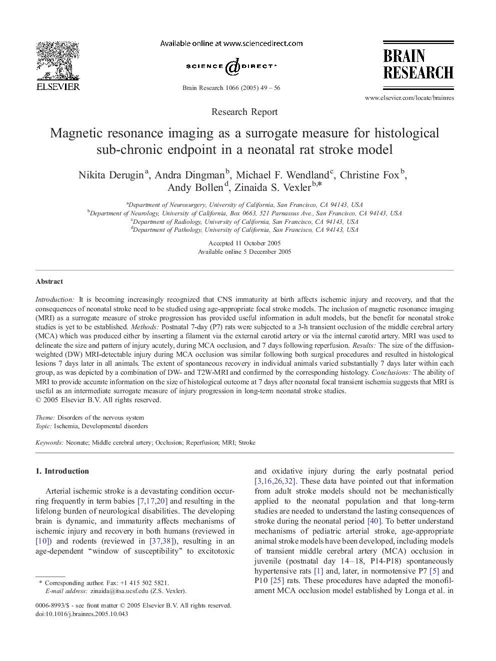 Magnetic resonance imaging as a surrogate measure for histological sub-chronic endpoint in a neonatal rat stroke model