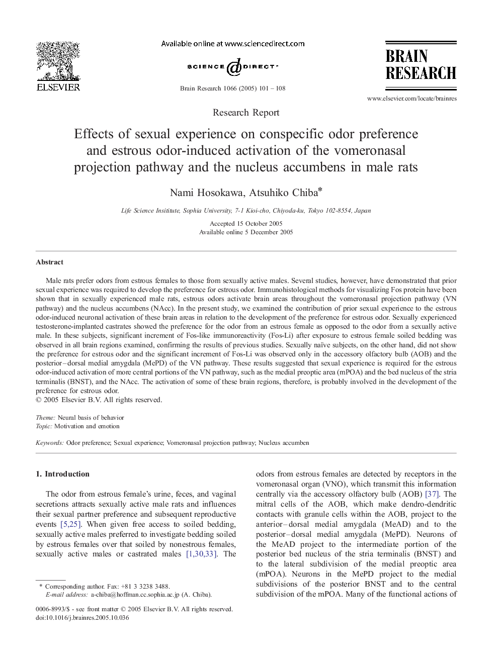 Effects of sexual experience on conspecific odor preference and estrous odor-induced activation of the vomeronasal projection pathway and the nucleus accumbens in male rats