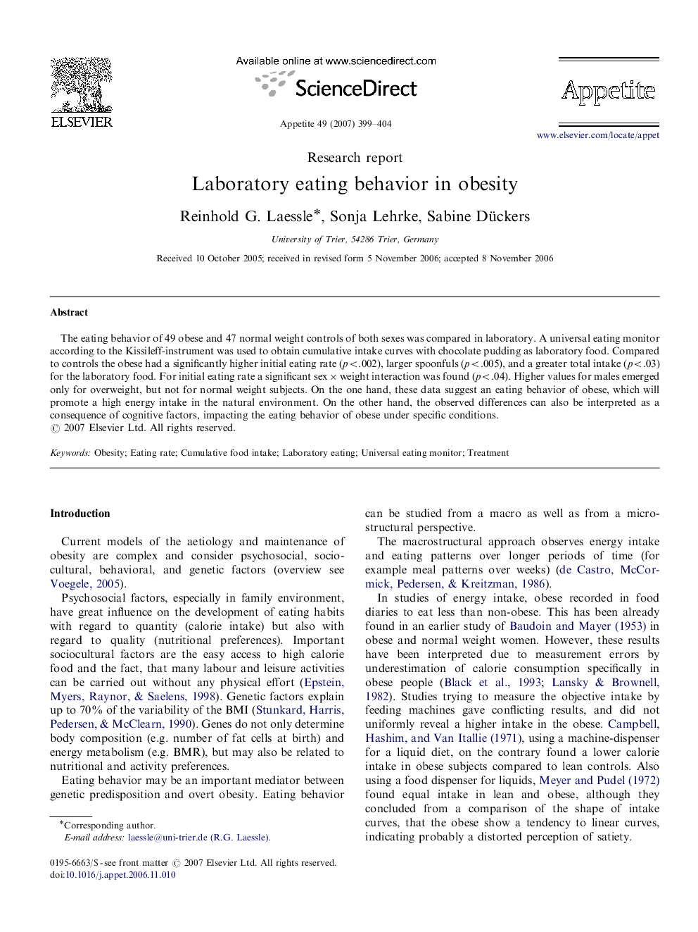 Laboratory eating behavior in obesity