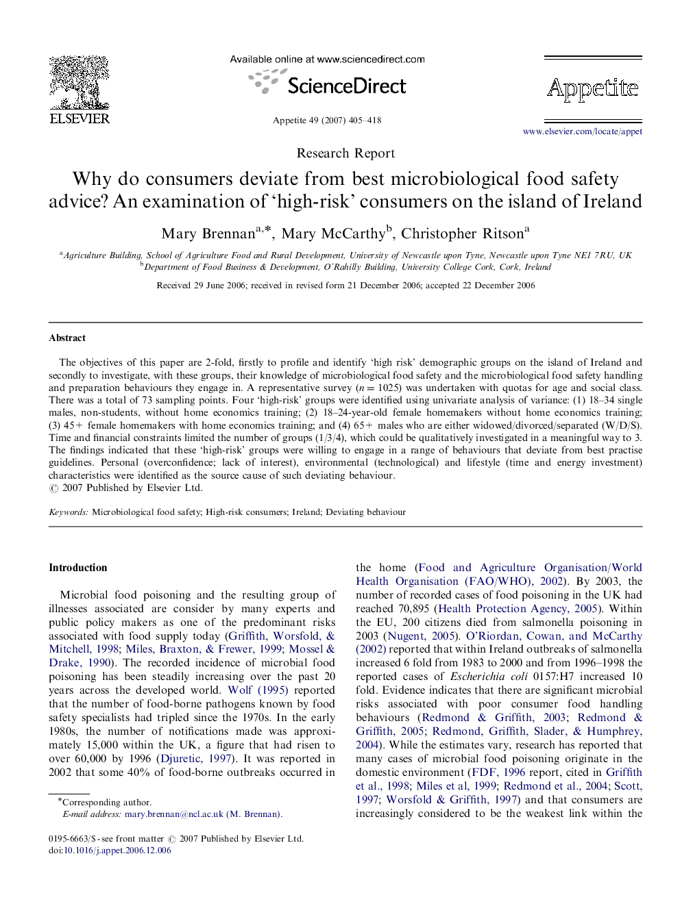 Why do consumers deviate from best microbiological food safety advice? An examination of ‘high-risk’ consumers on the island of Ireland