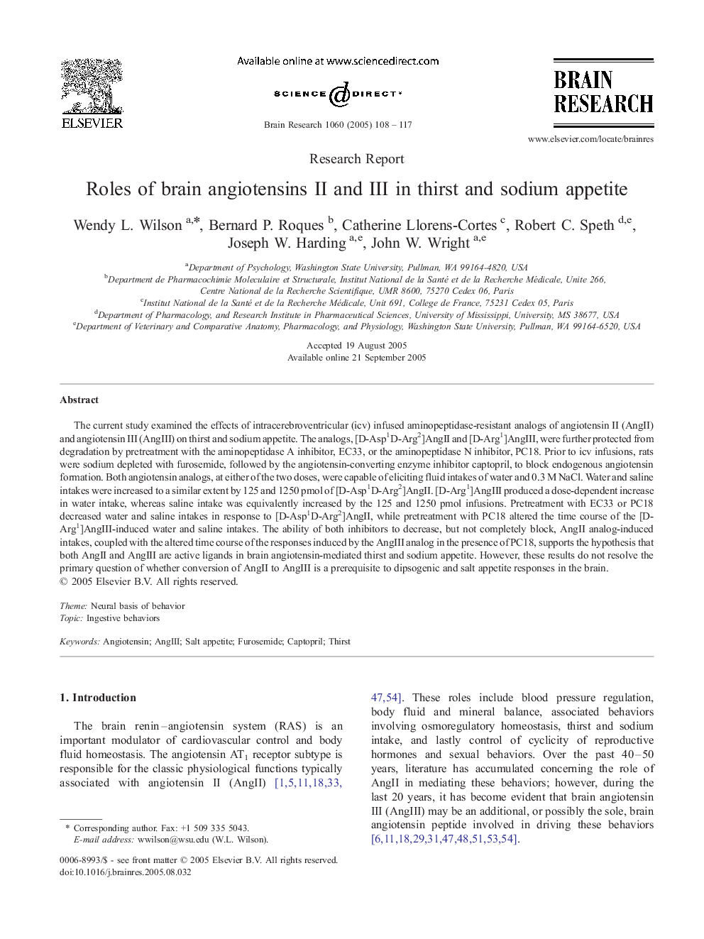 Roles of brain angiotensins II and III in thirst and sodium appetite