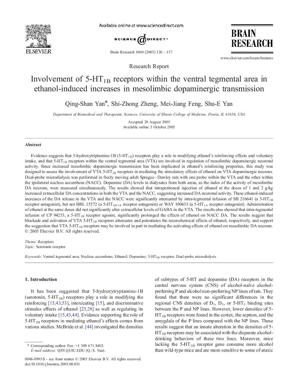 Involvement of 5-HT1B receptors within the ventral tegmental area in ethanol-induced increases in mesolimbic dopaminergic transmission