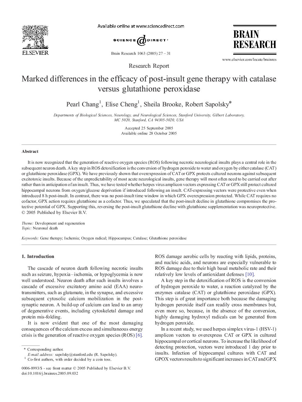 Marked differences in the efficacy of post-insult gene therapy with catalase versus glutathione peroxidase