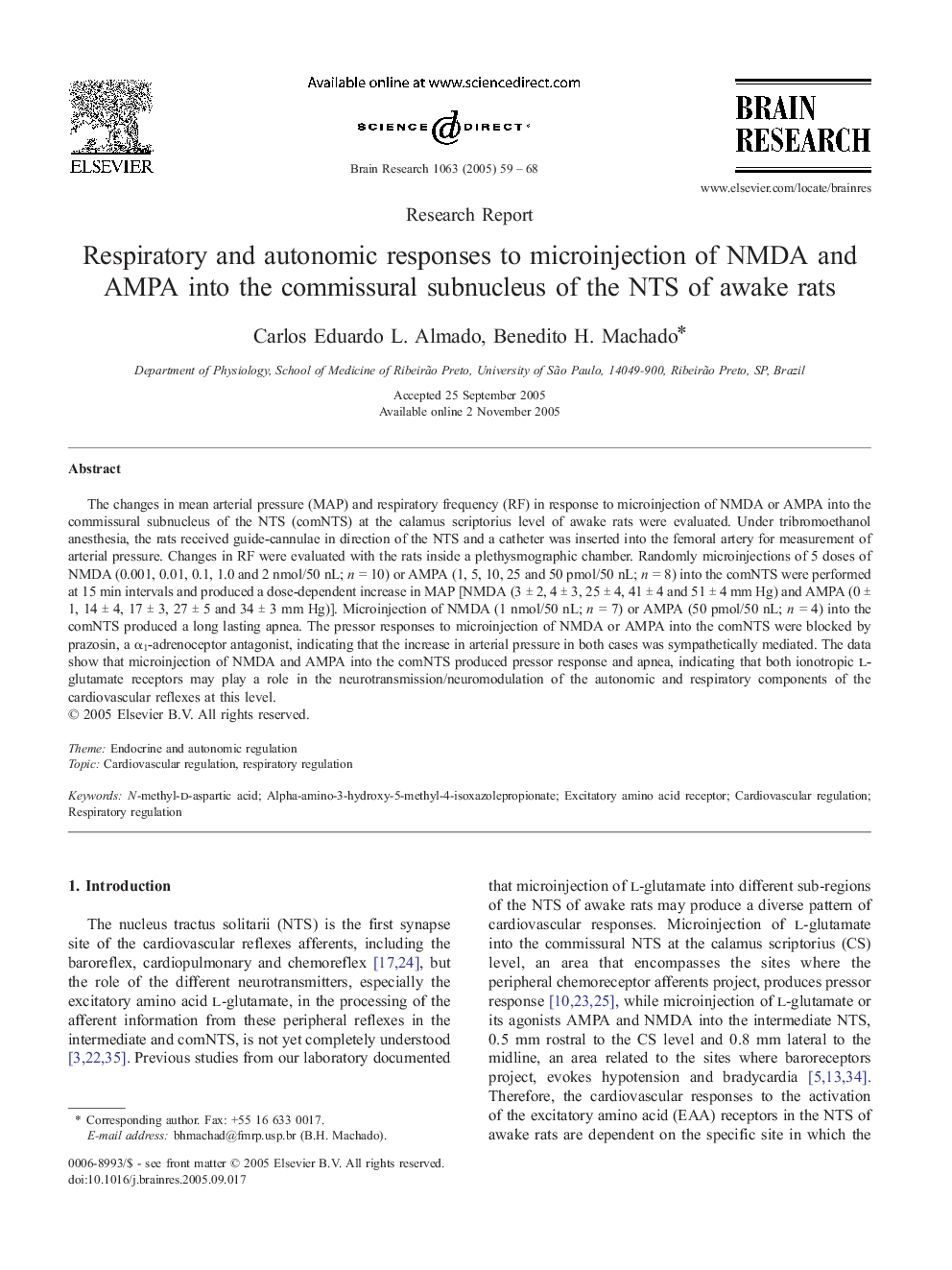 Respiratory and autonomic responses to microinjection of NMDA and AMPA into the commissural subnucleus of the NTS of awake rats