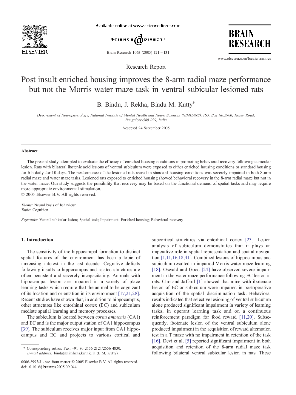 عکس صفحه اول مقاله: Post insult enriched housing improves the 8-arm radial maze performance but not the Morris water maze task in ventral subicular lesioned rats Post insult enriched housing improves the 8-arm radial maze performance but not the Morris water maze task in ventral subicular lesioned rats