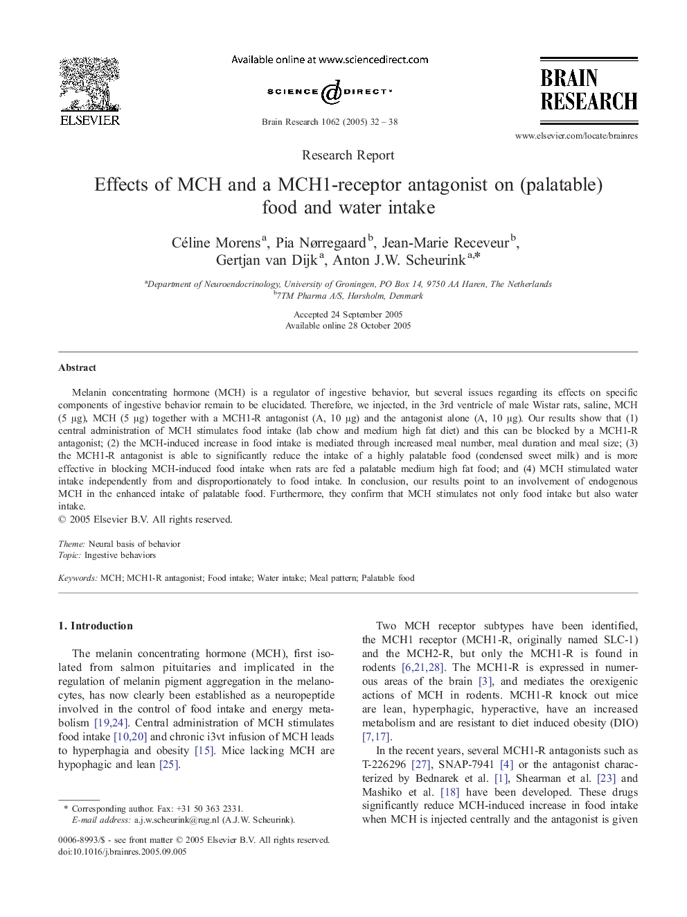 Effects of MCH and a MCH1-receptor antagonist on (palatable) food and water intake