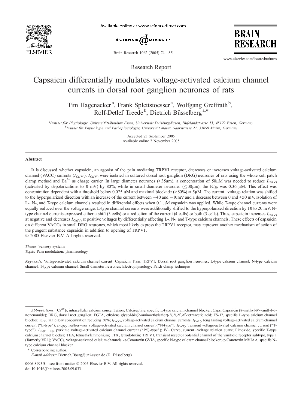 Capsaicin differentially modulates voltage-activated calcium channel currents in dorsal root ganglion neurones of rats