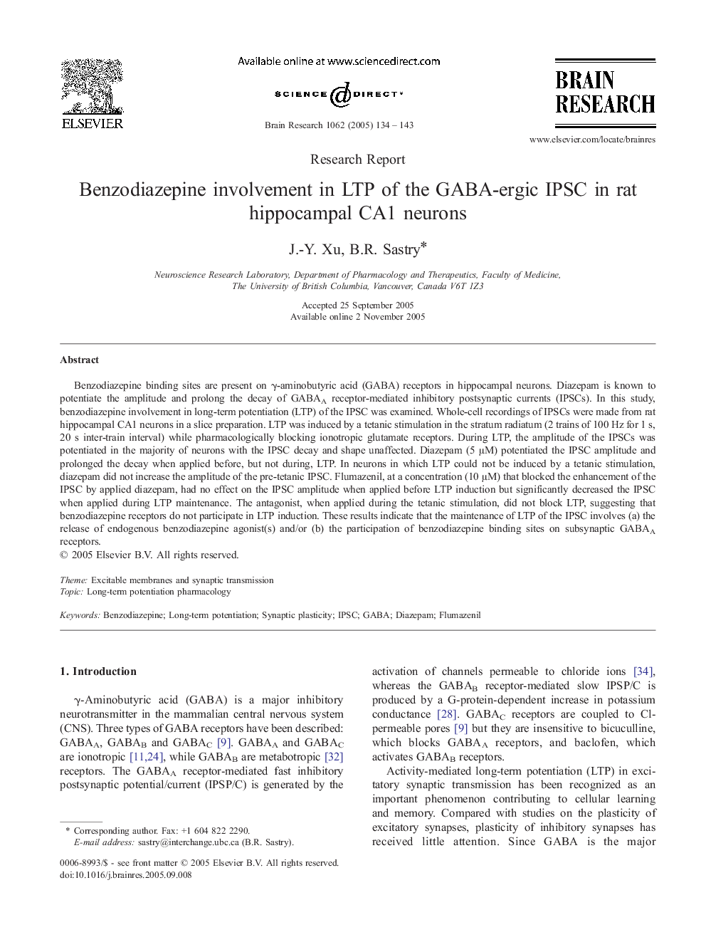 Benzodiazepine involvement in LTP of the GABA-ergic IPSC in rat hippocampal CA1 neurons