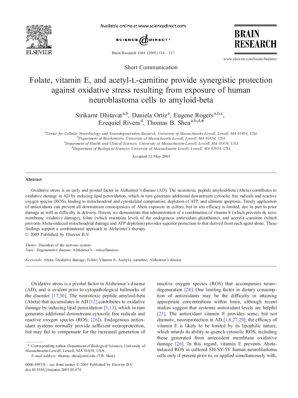 Folate, vitamin E, and acetyl-l-carnitine provide synergistic protection against oxidative stress resulting from exposure of human neuroblastoma cells to amyloid-beta