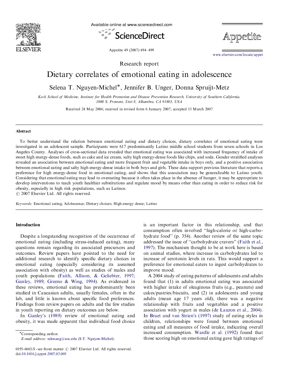 Dietary correlates of emotional eating in adolescence