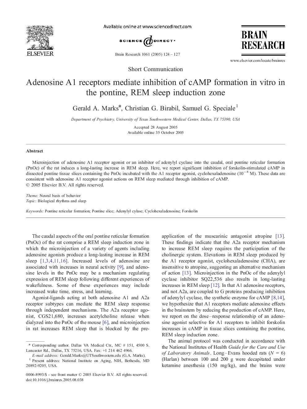 Adenosine A1 receptors mediate inhibition of cAMP formation in vitro in the pontine, REM sleep induction zone