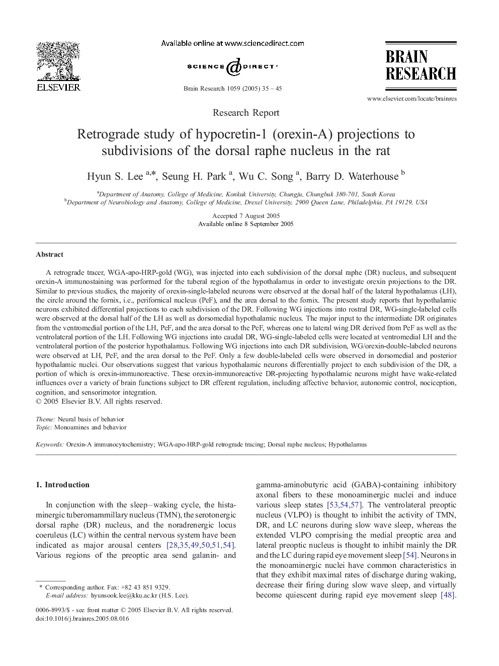 Retrograde study of hypocretin-1 (orexin-A) projections to subdivisions of the dorsal raphe nucleus in the rat