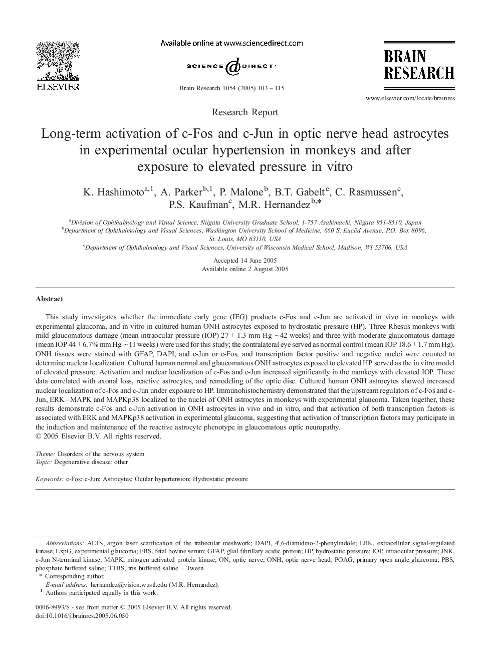 Long-term activation of c-Fos and c-Jun in optic nerve head astrocytes in experimental ocular hypertension in monkeys and after exposure to elevated pressure in vitro