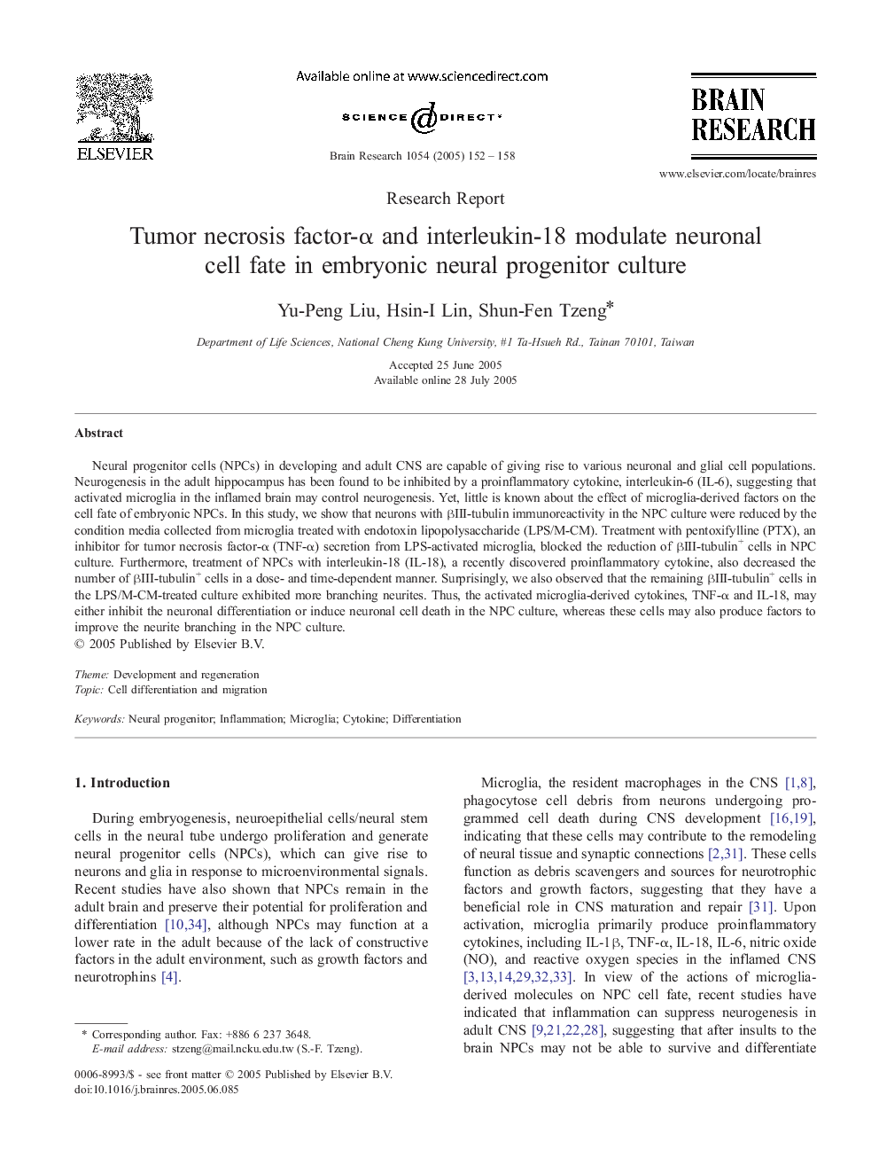 Tumor necrosis factor-Î± and interleukin-18 modulate neuronal cell fate in embryonic neural progenitor culture