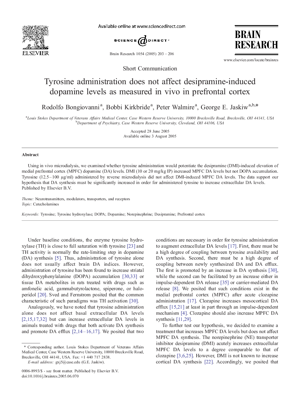 Tyrosine administration does not affect desipramine-induced dopamine levels as measured in vivo in prefrontal cortex