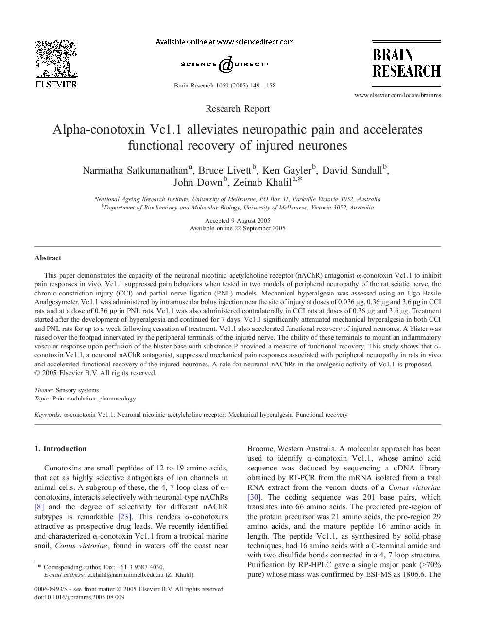 Alpha-conotoxin Vc1.1 alleviates neuropathic pain and accelerates functional recovery of injured neurones