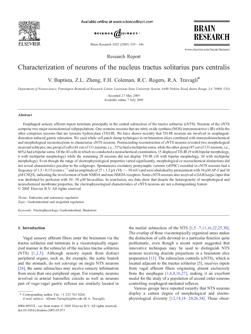 Characterization of neurons of the nucleus tractus solitarius pars centralis