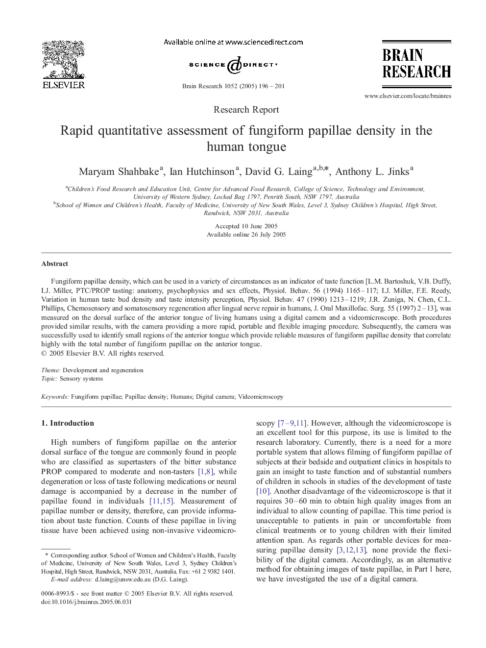 Rapid quantitative assessment of fungiform papillae density in the human tongue