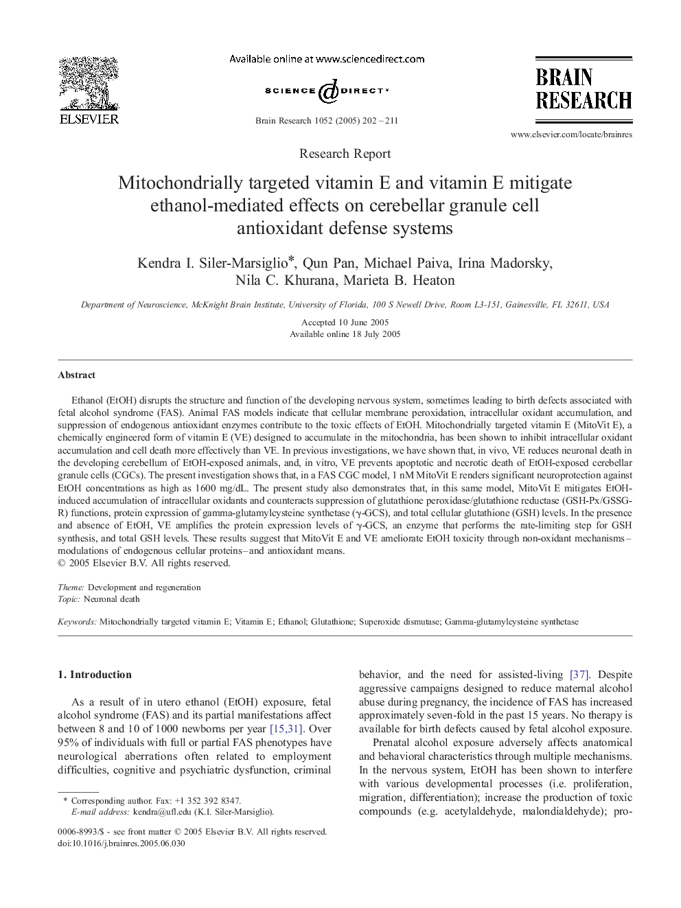 Mitochondrially targeted vitamin E and vitamin E mitigate ethanol-mediated effects on cerebellar granule cell antioxidant defense systems