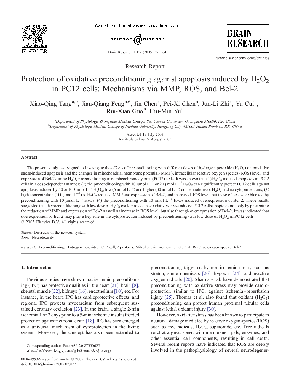 Protection of oxidative preconditioning against apoptosis induced by H2O2 in PC12 cells: Mechanisms via MMP, ROS, and Bcl-2