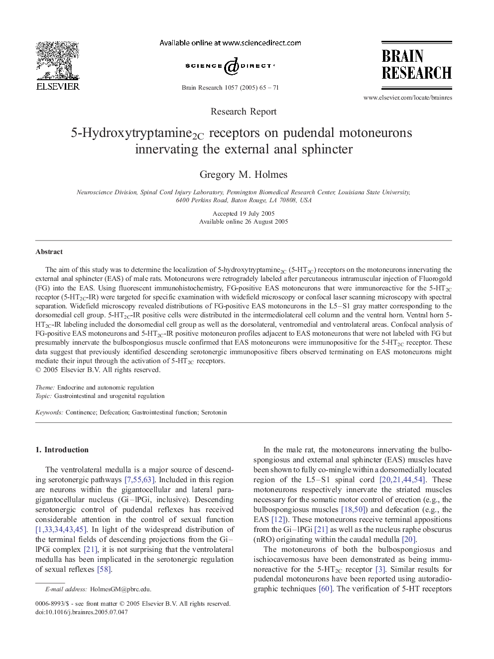 5-Hydroxytryptamine2C receptors on pudendal motoneurons innervating the external anal sphincter