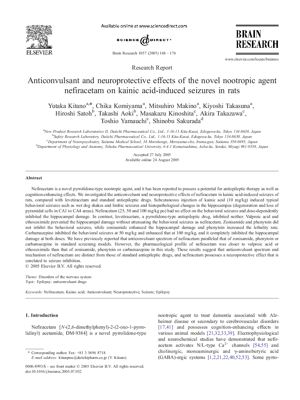 Anticonvulsant and neuroprotective effects of the novel nootropic agent nefiracetam on kainic acid-induced seizures in rats