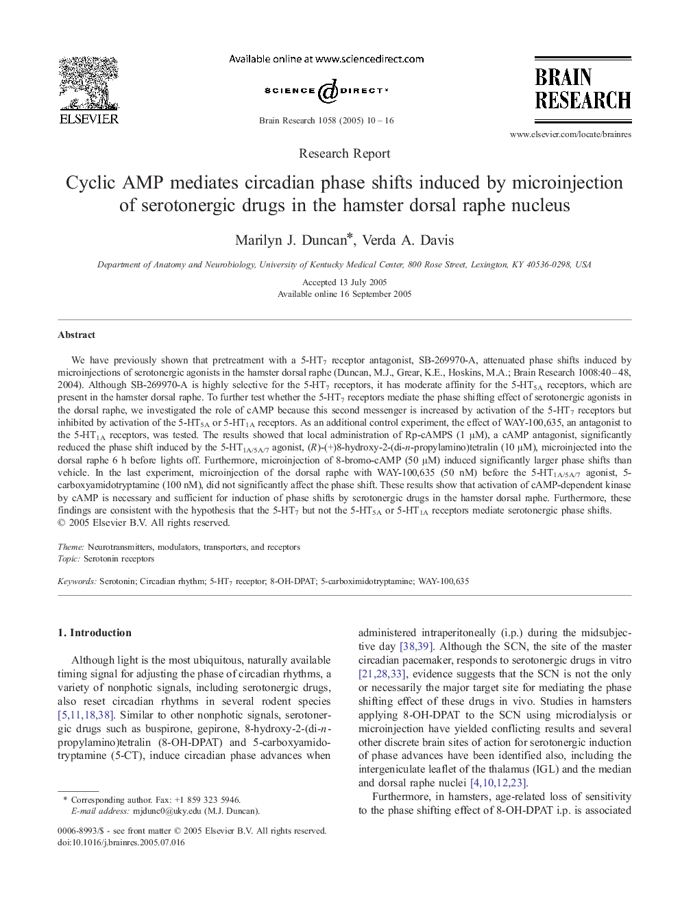 Cyclic AMP mediates circadian phase shifts induced by microinjection of serotonergic drugs in the hamster dorsal raphe nucleus