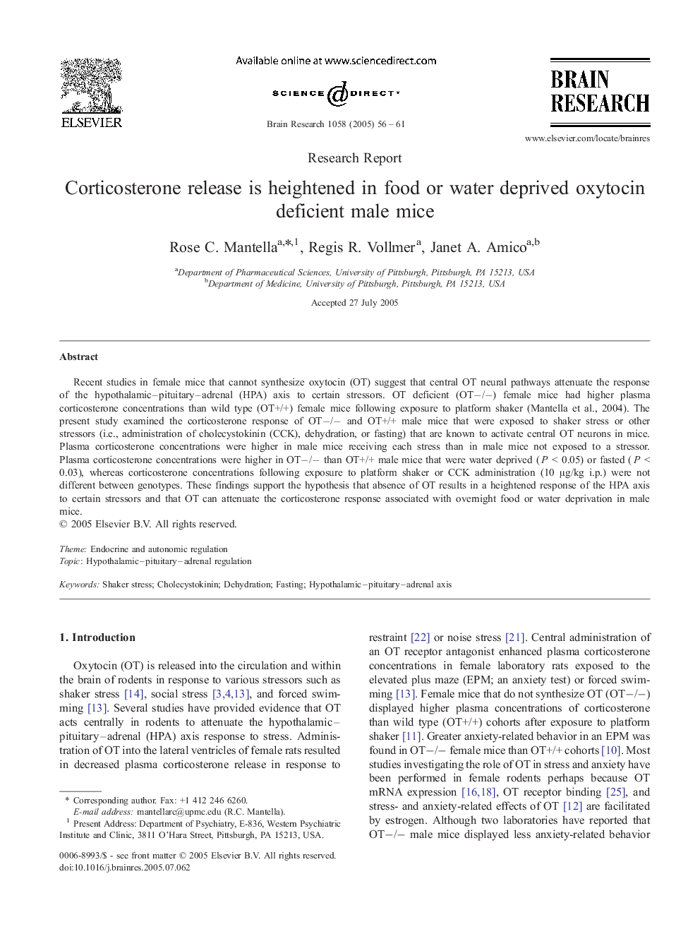 Corticosterone release is heightened in food or water deprived oxytocin deficient male mice