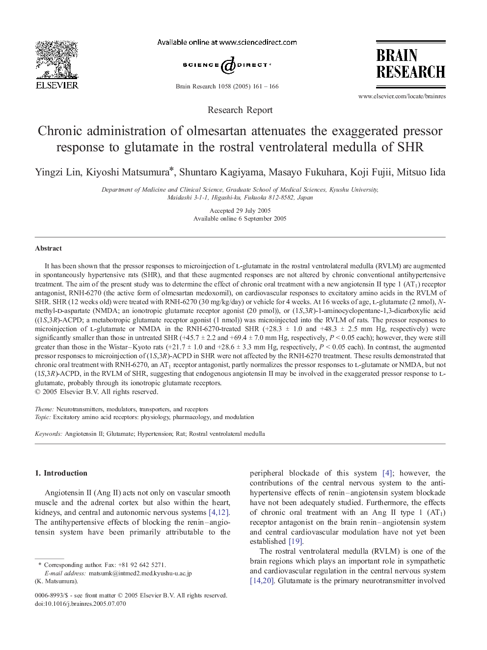 Chronic administration of olmesartan attenuates the exaggerated pressor response to glutamate in the rostral ventrolateral medulla of SHR