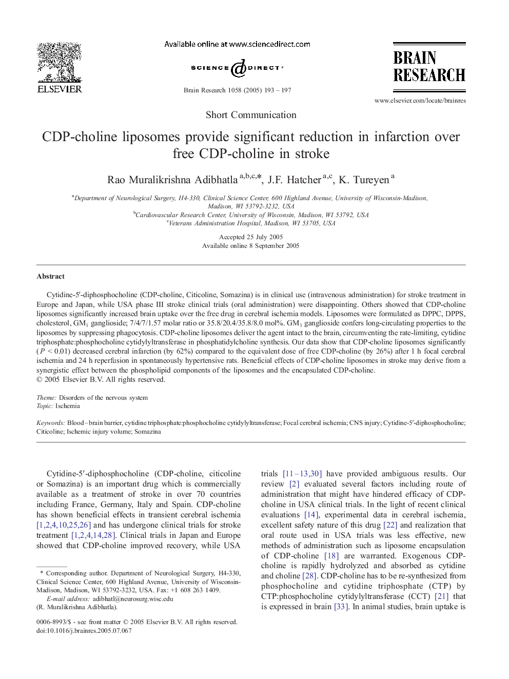 CDP-choline liposomes provide significant reduction in infarction over free CDP-choline in stroke