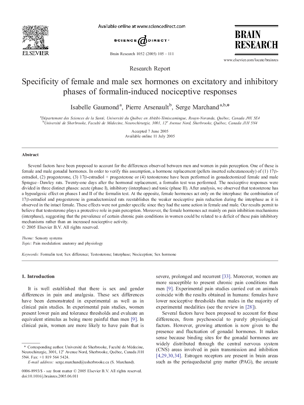 Specificity of female and male sex hormones on excitatory and inhibitory phases of formalin-induced nociceptive responses