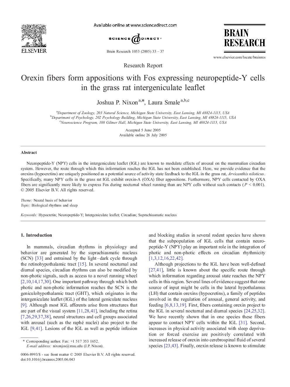 Orexin fibers form appositions with Fos expressing neuropeptide-Y cells in the grass rat intergeniculate leaflet