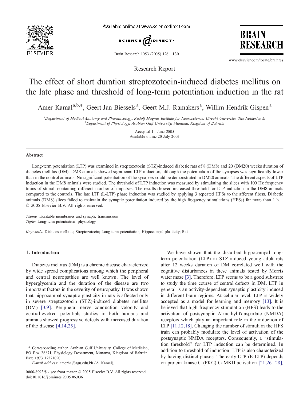 The effect of short duration streptozotocin-induced diabetes mellitus on the late phase and threshold of long-term potentiation induction in the rat