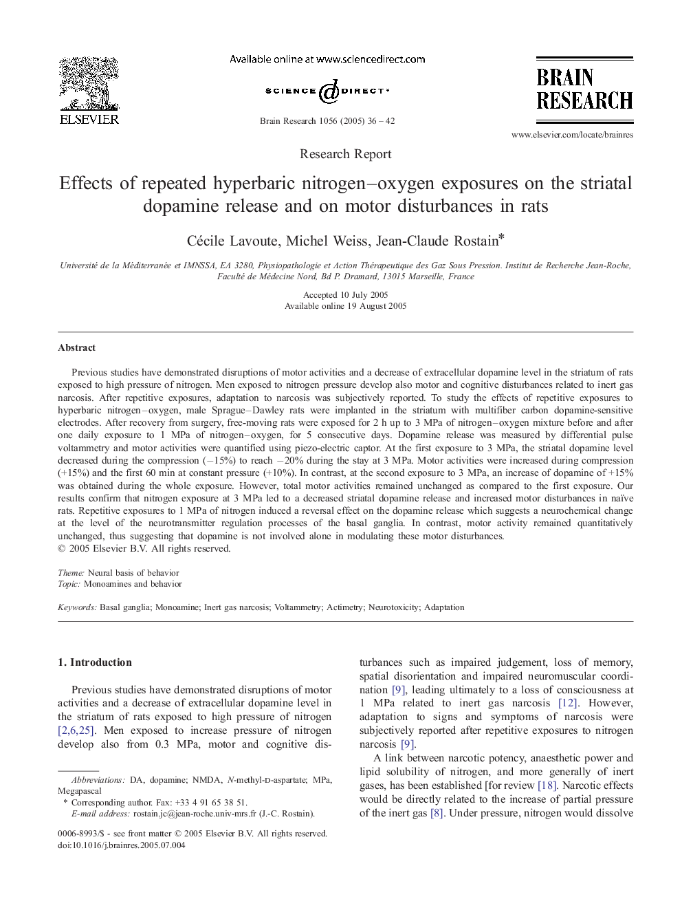 Effects of repeated hyperbaric nitrogen-oxygen exposures on the striatal dopamine release and on motor disturbances in rats