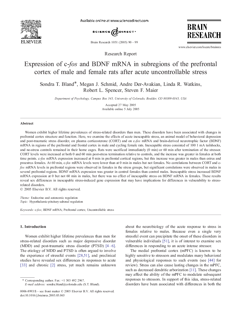 Expression of c-fos and BDNF mRNA in subregions of the prefrontal cortex of male and female rats after acute uncontrollable stress