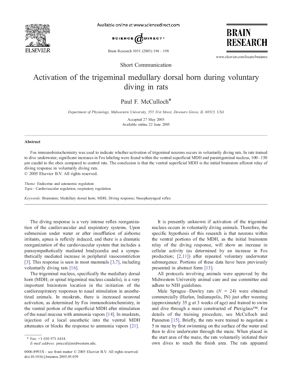 Activation of the trigeminal medullary dorsal horn during voluntary diving in rats