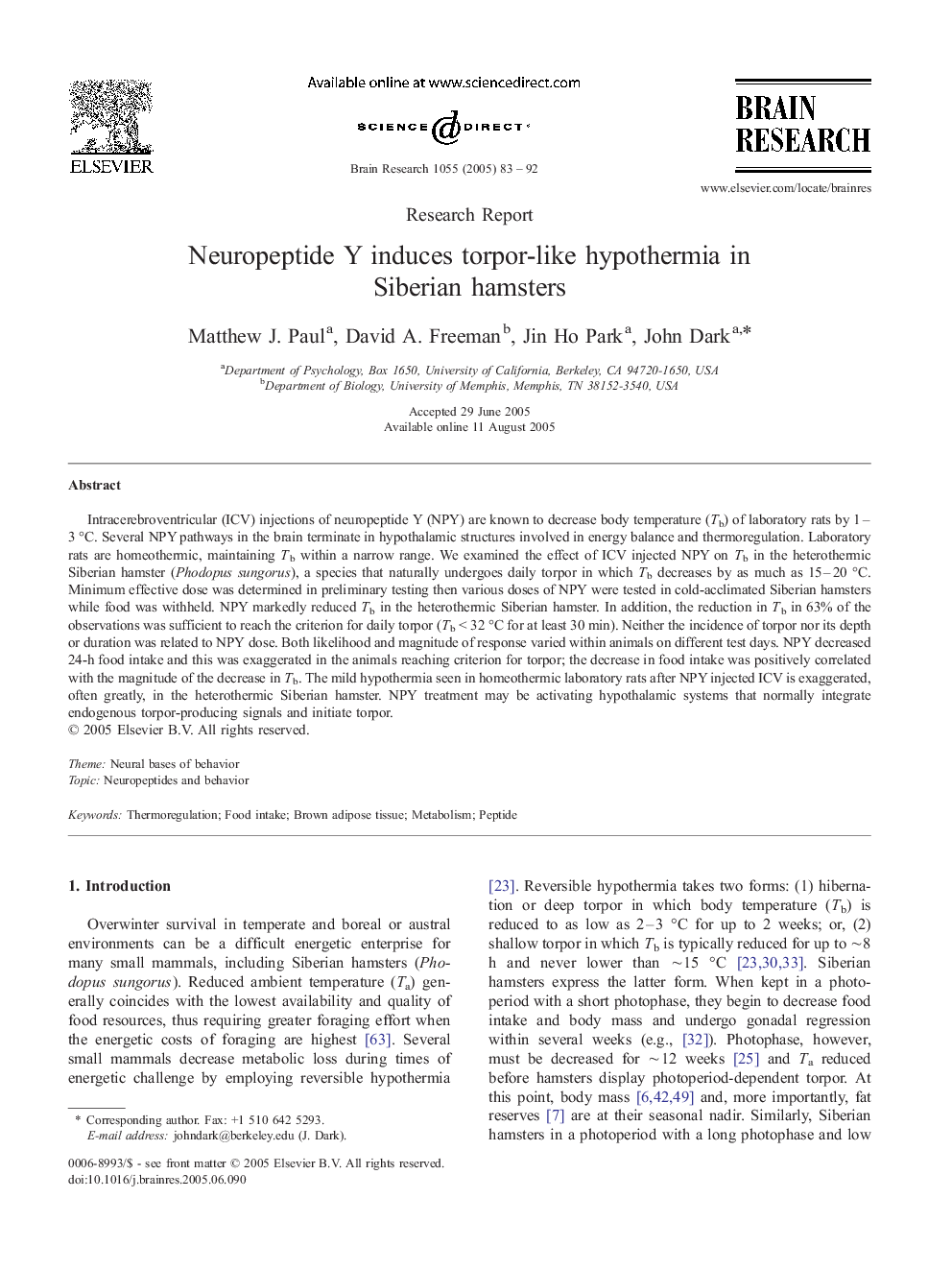 Neuropeptide Y induces torpor-like hypothermia in Siberian hamsters