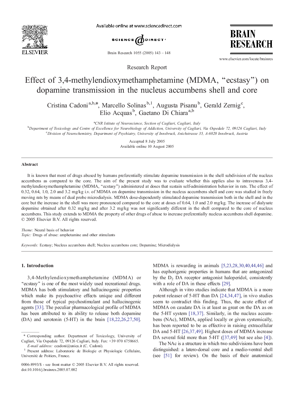 Effect of 3,4-methylendioxymethamphetamine (MDMA, “ecstasy”) on dopamine transmission in the nucleus accumbens shell and core