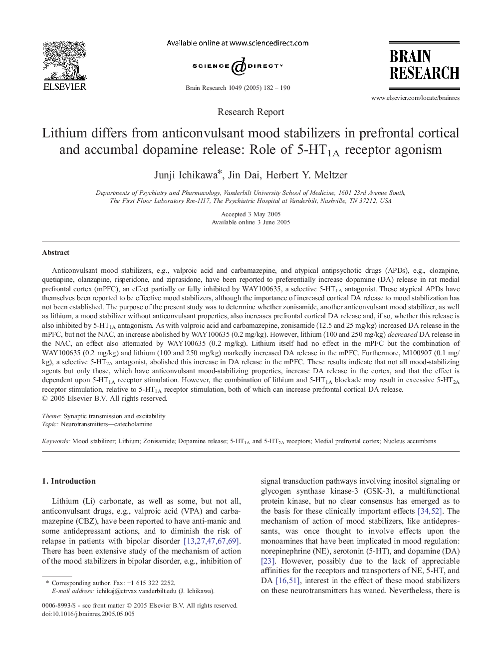 Lithium differs from anticonvulsant mood stabilizers in prefrontal cortical and accumbal dopamine release: Role of 5-HT1A receptor agonism