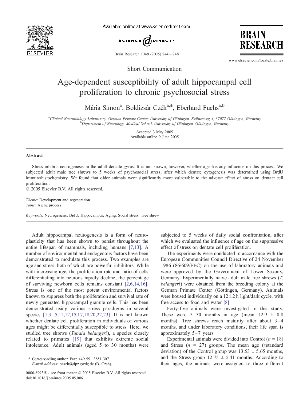 Age-dependent susceptibility of adult hippocampal cell proliferation to chronic psychosocial stress