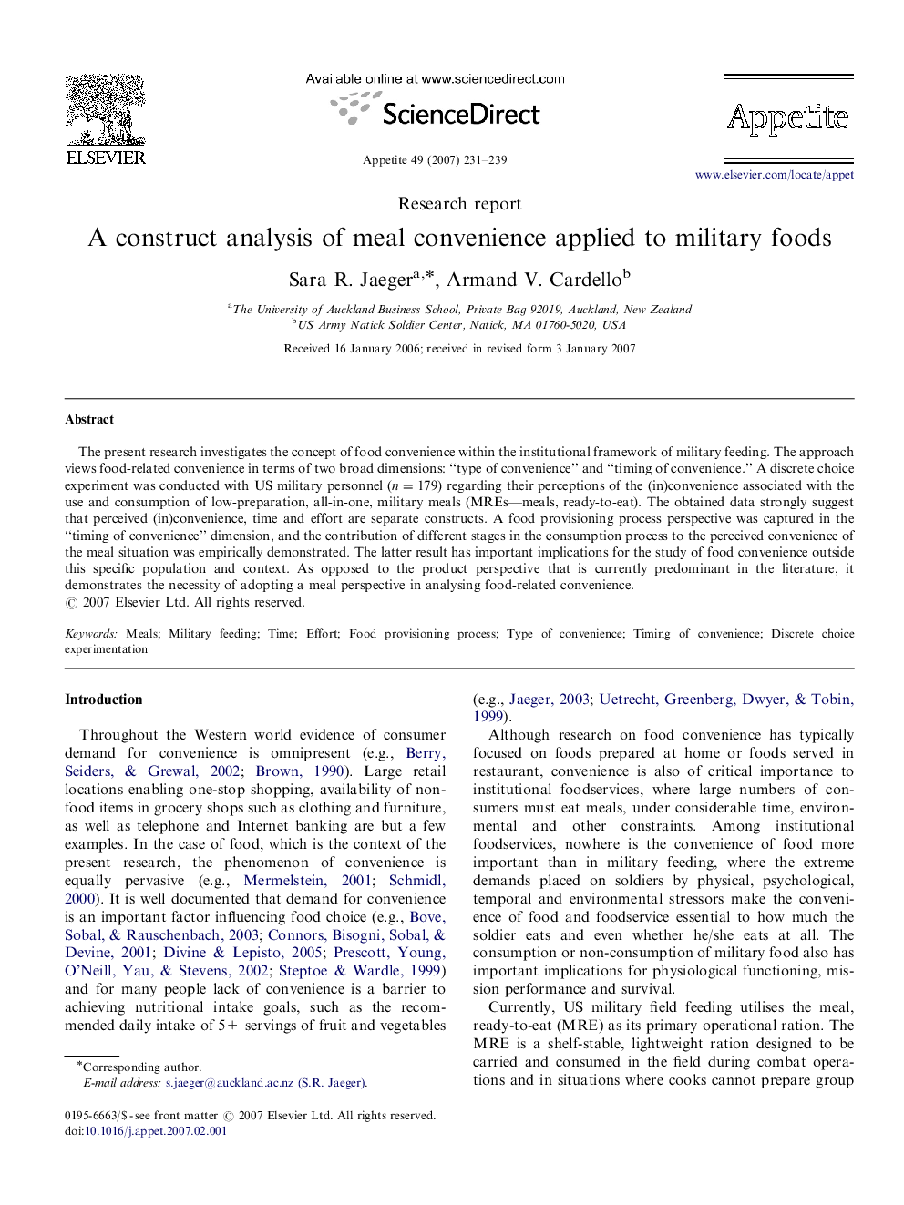 عکس صفحه اول مقاله: A construct analysis of meal convenience applied to military foods A construct analysis of meal convenience applied to military foods