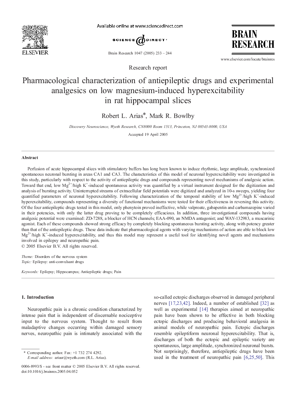 Pharmacological characterization of antiepileptic drugs and experimental analgesics on low magnesium-induced hyperexcitability in rat hippocampal slices