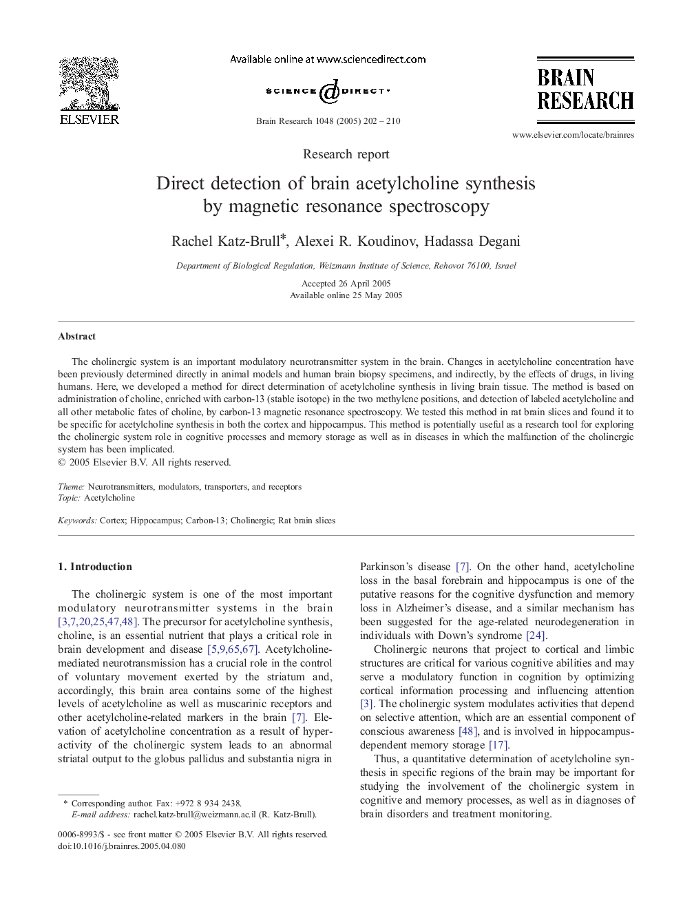 Direct detection of brain acetylcholine synthesis by magnetic resonance spectroscopy