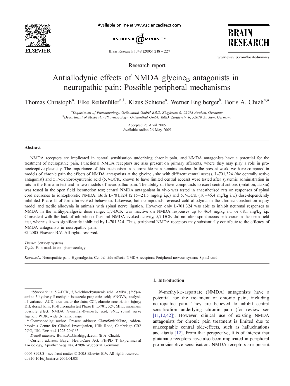 Antiallodynic effects of NMDA glycineB antagonists in neuropathic pain: Possible peripheral mechanisms