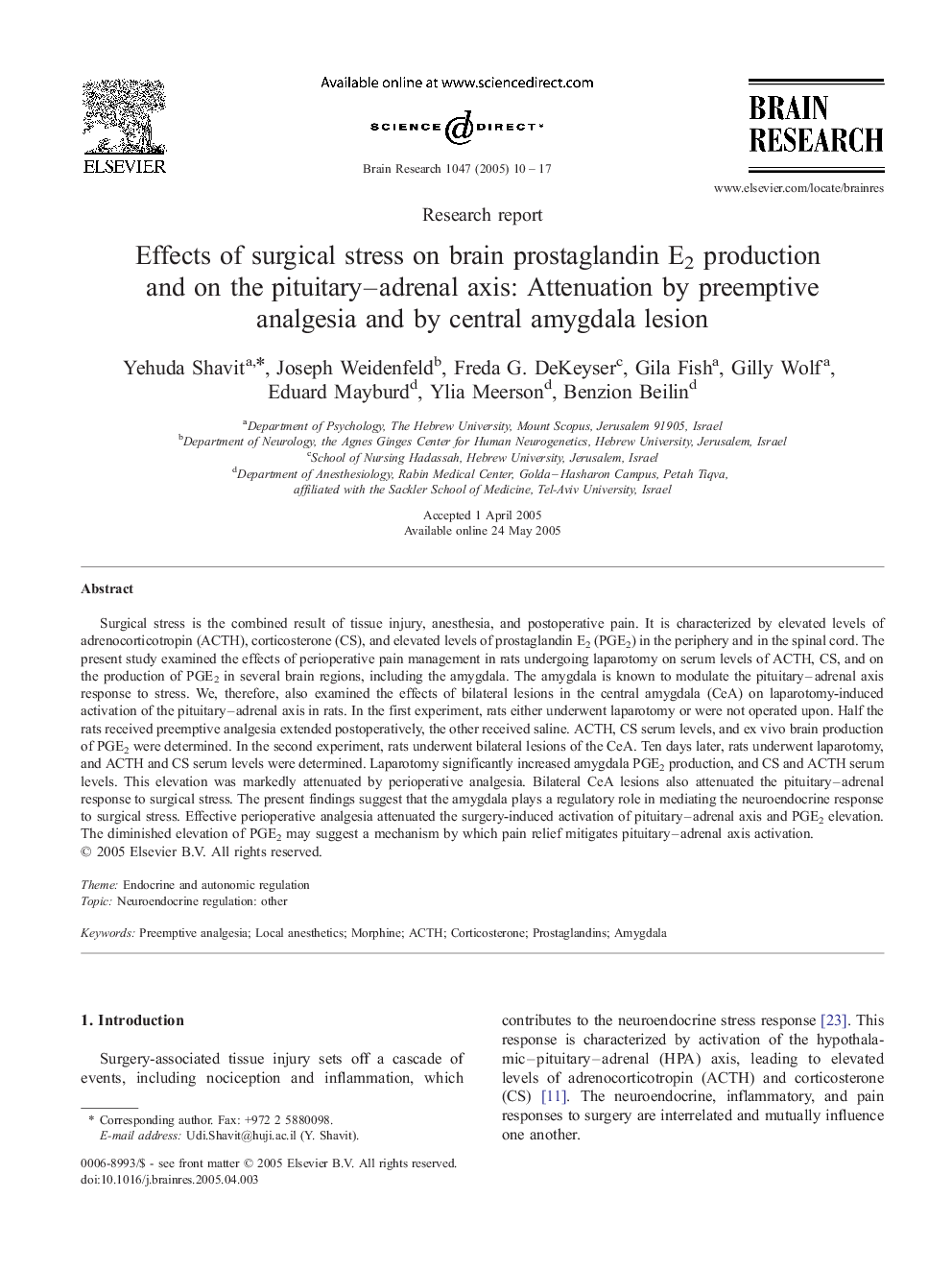 Effects of surgical stress on brain prostaglandin E2 production and on the pituitary-adrenal axis: Attenuation by preemptive analgesia and by central amygdala lesion