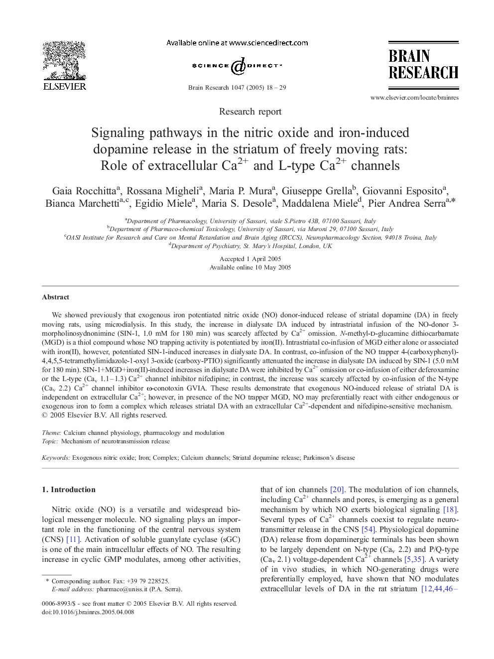 Signaling pathways in the nitric oxide and iron-induced dopamine release in the striatum of freely moving rats: Role of extracellular Ca2+ and L-type Ca2+ channels