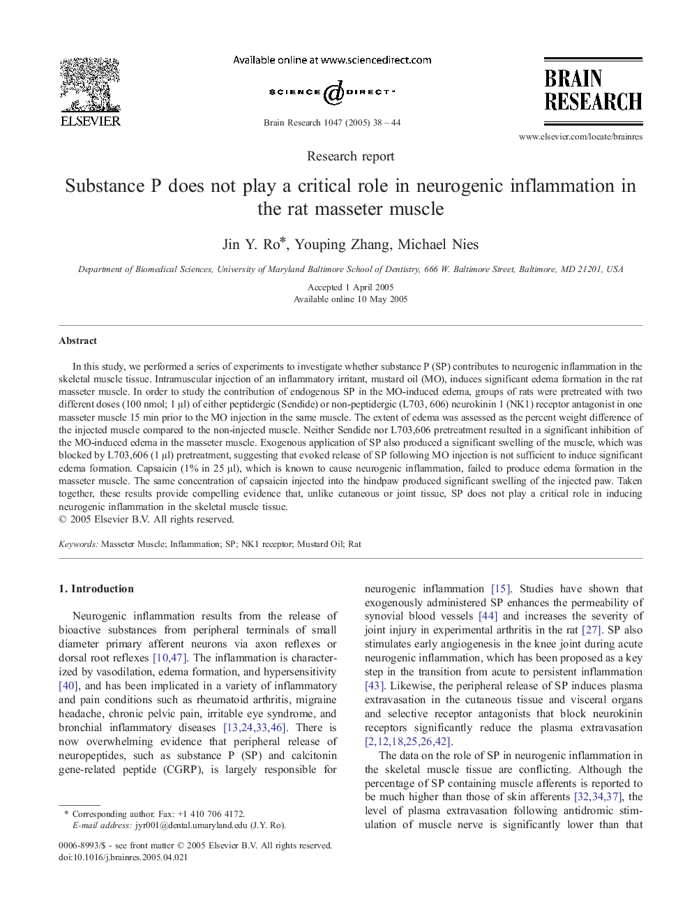 Substance P does not play a critical role in neurogenic inflammation in the rat masseter muscle