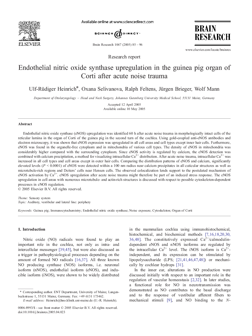 Endothelial nitric oxide synthase upregulation in the guinea pig organ of Corti after acute noise trauma